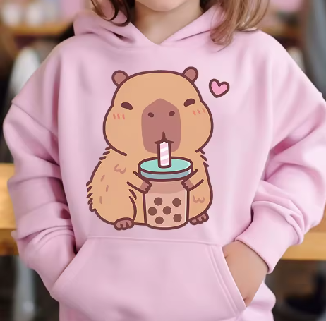 Cute Capybara Loves Bubble Tea kids hoodie