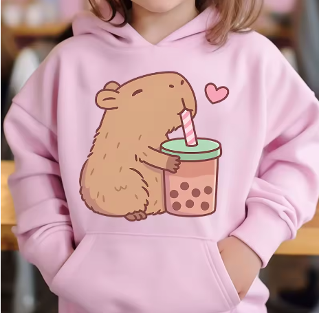 Cute Capybara Loves Bubble Tea kids hoodie